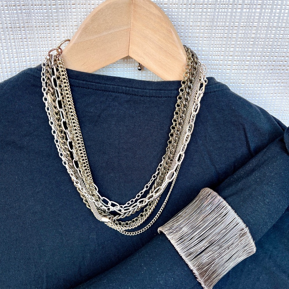 Mixed Metal Statement Necklace and Cuff Bracelet Set 90s y2k Layered